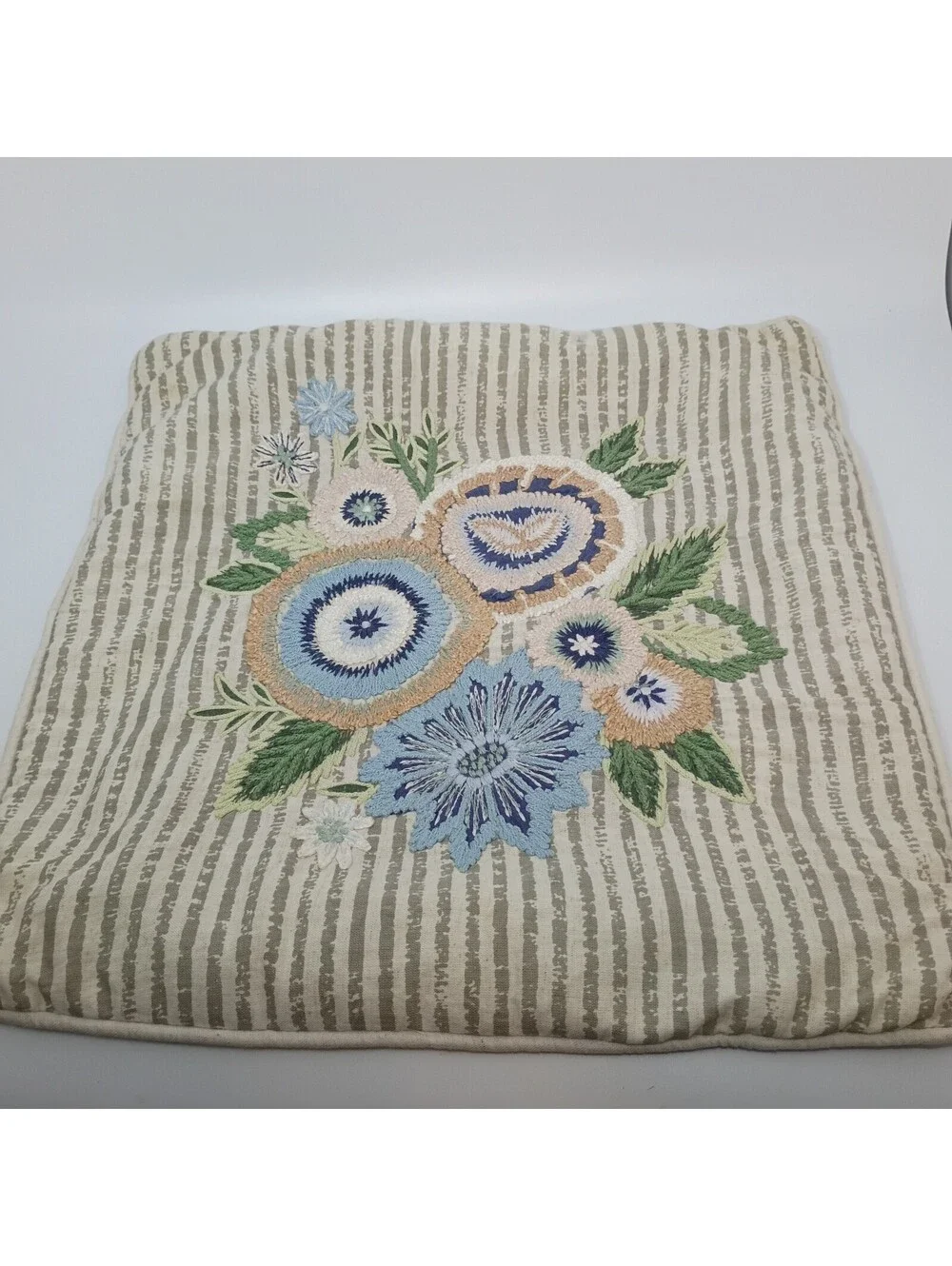 Pier 1 Imports Embroidered Throw Pillow Cover Floral Bouquet Striped Design 16